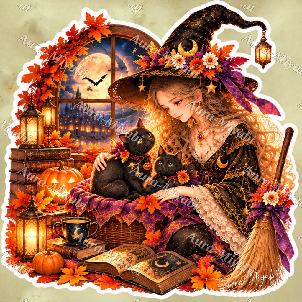 デジタルステッカー6セット+PDF1枚~月夜の魔女と黒猫の幻想~【商法利用可】3600×