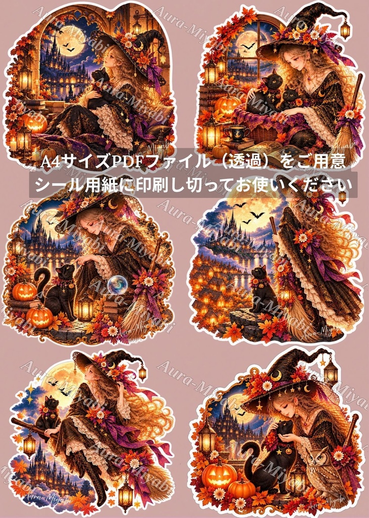 デジタルステッカー6セット+PDF1枚~月夜の魔女と黒猫の幻想~【商法利用可】3600×