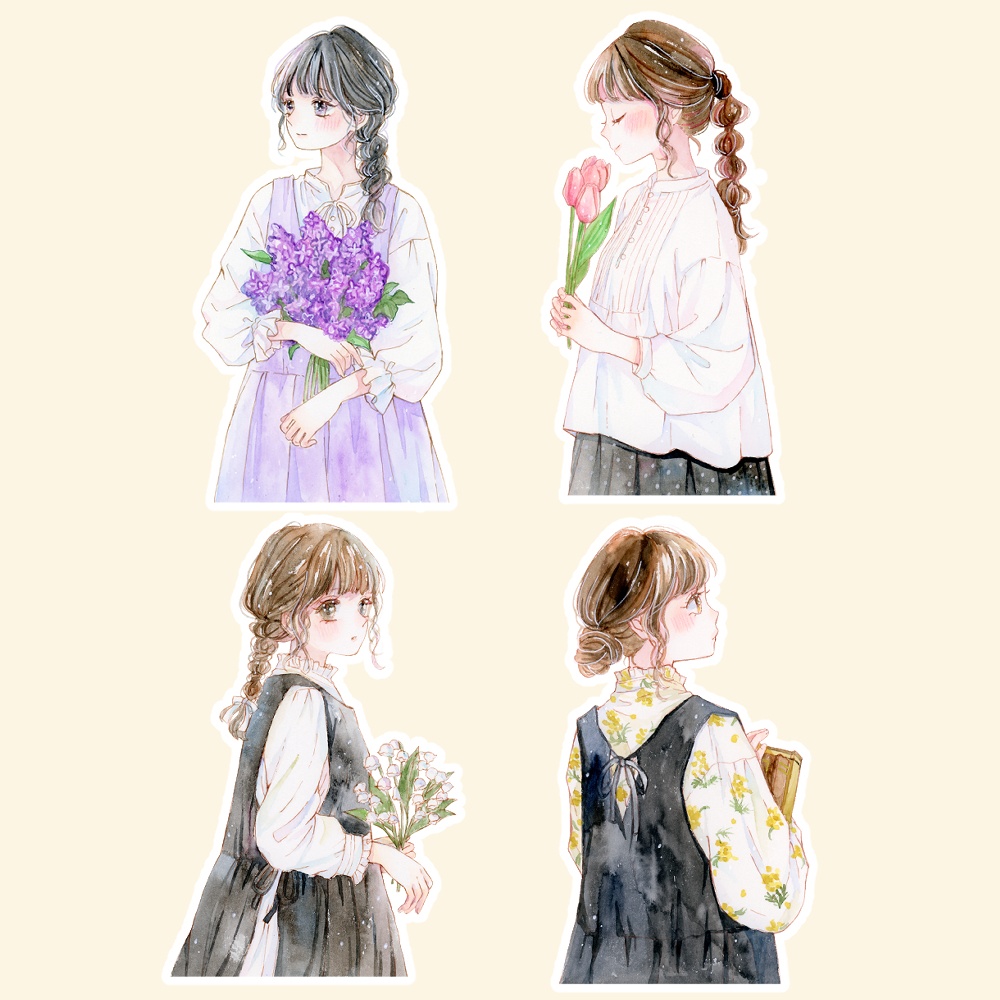 シールセット|春のお花と女の子