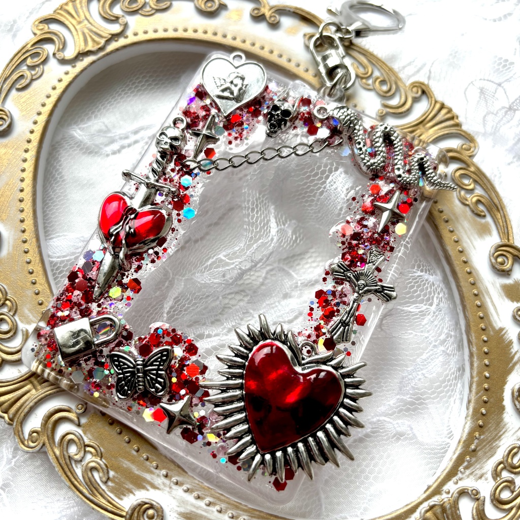 硬質トレカケース  トレカケースデコ  赤  ゴシック  トレカケースキーホルダー