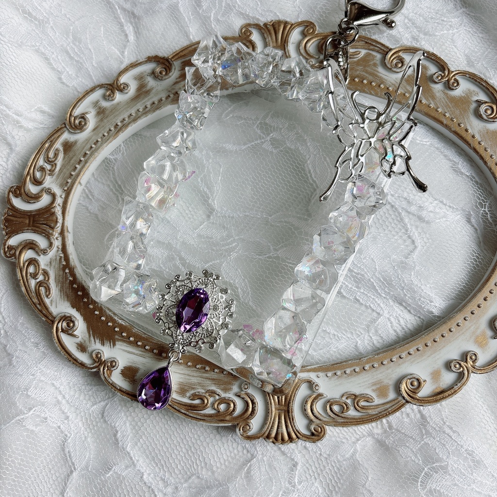 氷フレーム トレカケースデコ キラキラ 紫 キーホルダー 硬質ケース