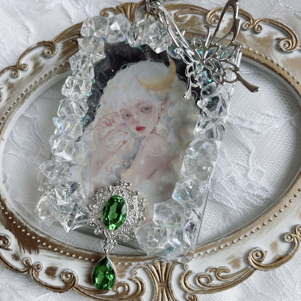 氷フレーム トレカケースデコ キラキラ 透明感 緑 キーホルダー