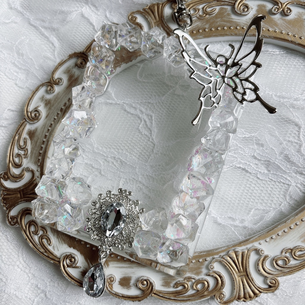 氷フレーム トレカケースデコ キラキラ 透明感 シルバー キーホルダー