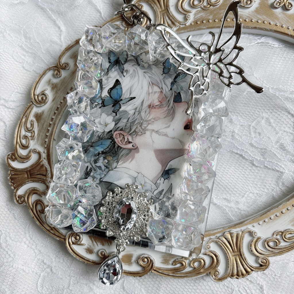 氷フレーム トレカケースデコ キラキラ 透明感 シルバー キーホルダー