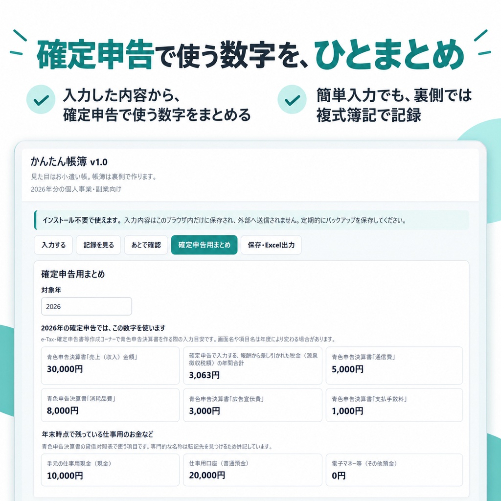 【2026年分対応】かんたん帳簿|お小遣い帳感覚で使える複式簿記・青色申告向けツール