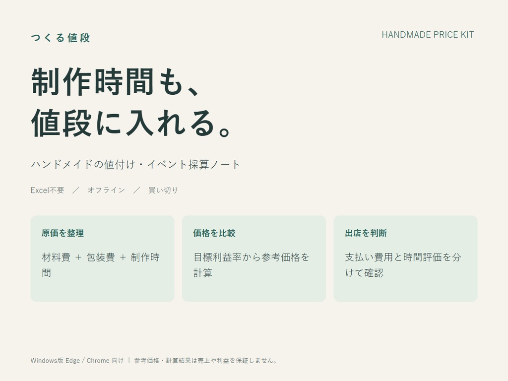 ハンドメイドの値付け・出店採算計算ツール｜つくる値段 v1.0【Excel不要】