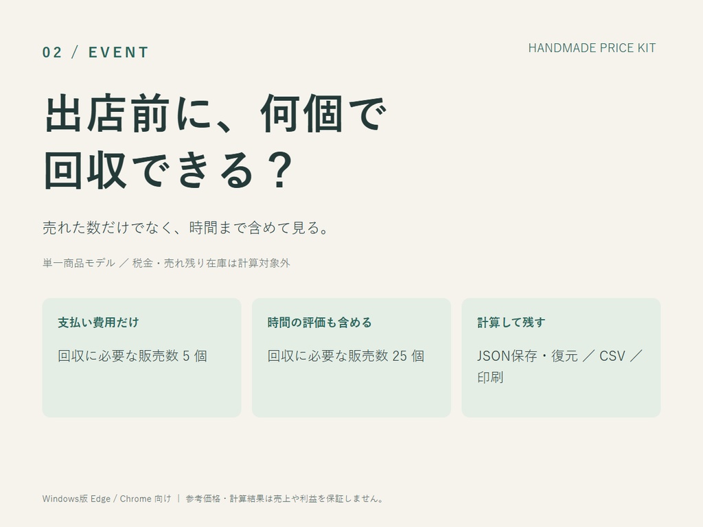 ハンドメイドの値付け・出店採算計算ツール|つくる値段 v1.0【Excel不要】