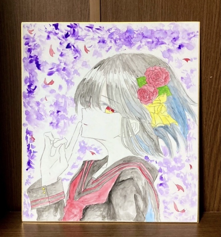【色紙】手描きイラスト 女の子 水彩絵の具