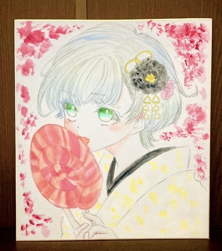 【色紙】手描きイラスト　女の子　水彩絵の具