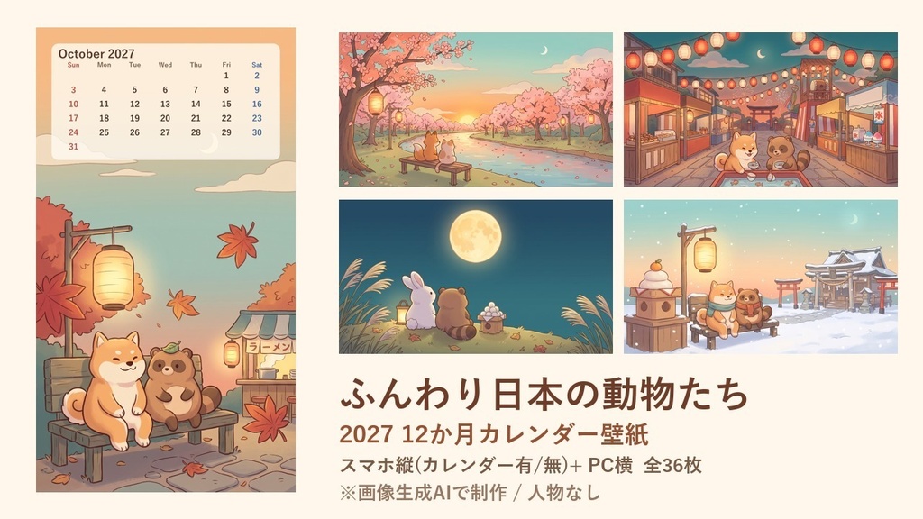 【2027年カレンダー付き壁紙】ふんわり日本の動物たち 12か月セット|スマホ縦・PC横 全36枚【AI生成】