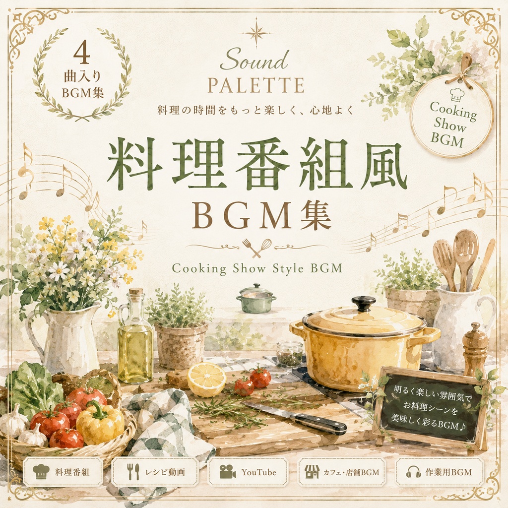 【商用可】料理の時間をもっと楽しく、料理番組風BGM集4曲