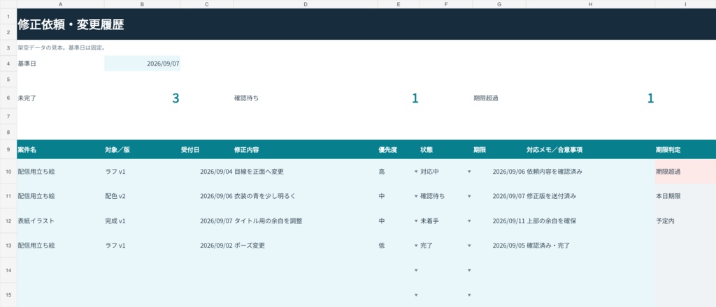 修正依頼・変更履歴管理Excel|100件・期限チェック
