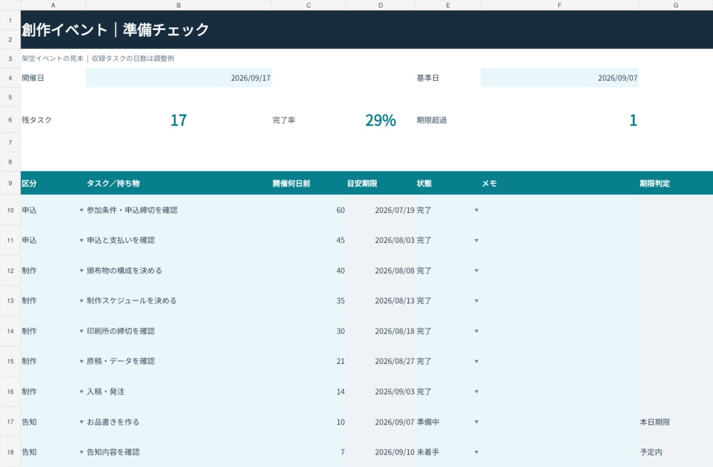 創作イベント準備チェックExcel｜24項目入り・日程逆算