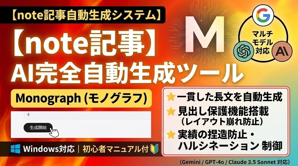 【note記事自動生成システム】Monograph - AIで執筆を劇的に効率化!マルチモデル(Gemini/GPT/Claude)対応・見出し保護機能搭載(Windows用・初心者マニュアル付)