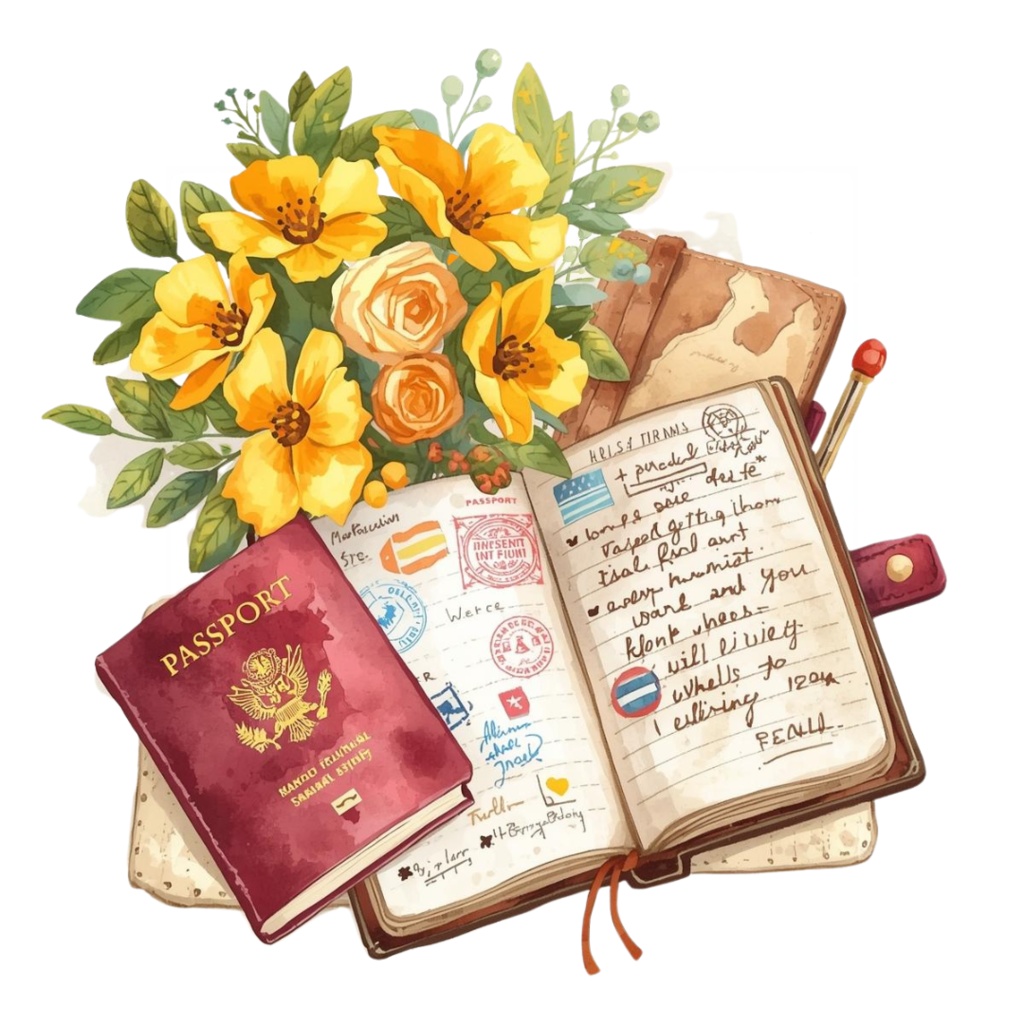 黄色のアンティーク風 水彩旅行クリップアートセット(全9種類/PNG)