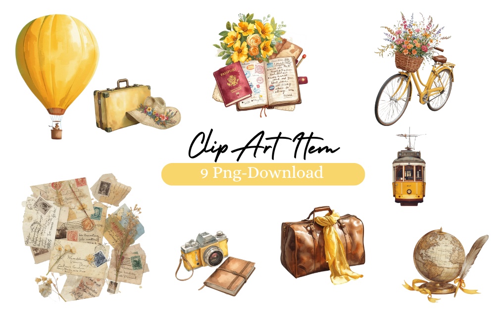 黄色のアンティーク風 水彩旅行クリップアートセット(全9種類/PNG)