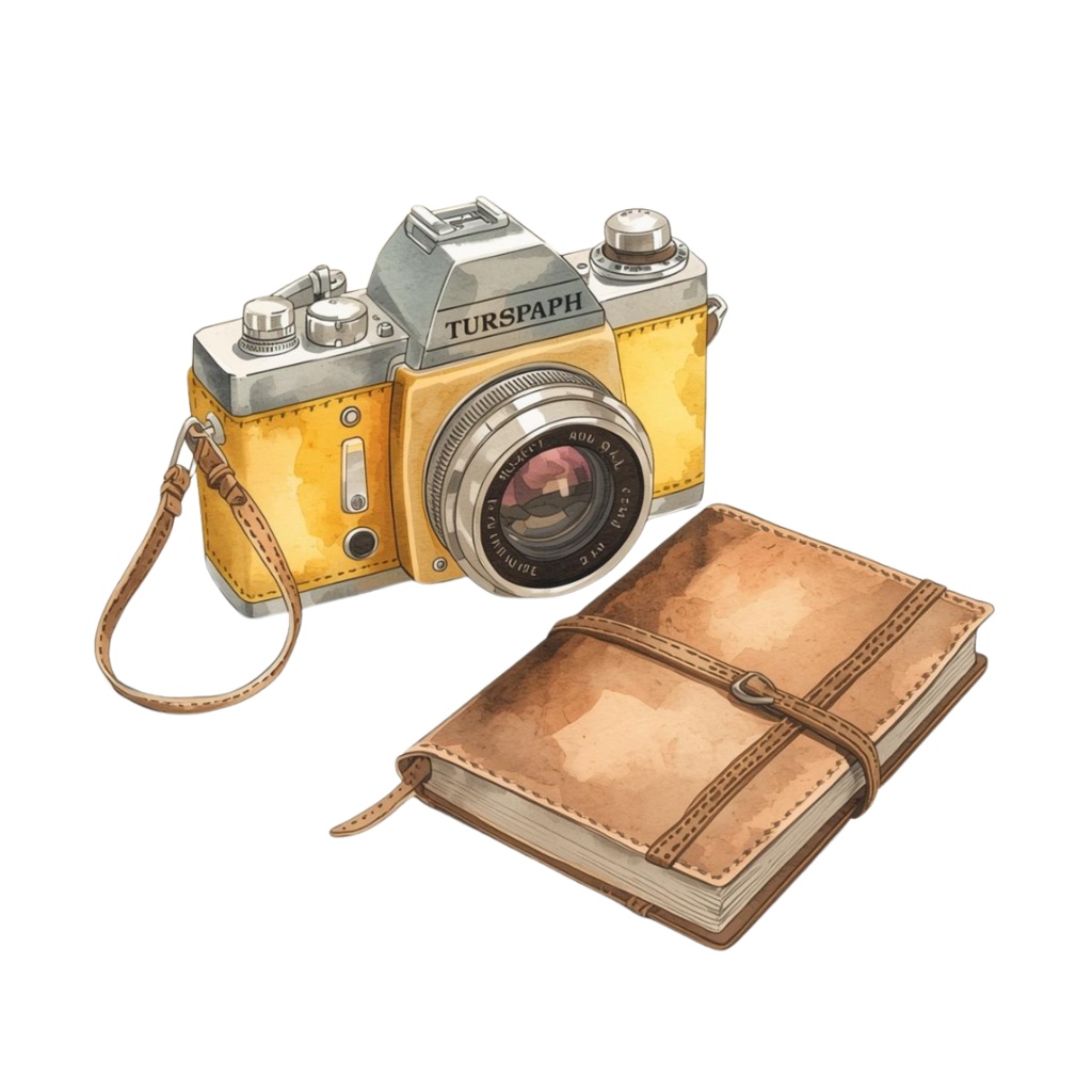 黄色のアンティーク風 水彩旅行クリップアートセット(全9種類/PNG)