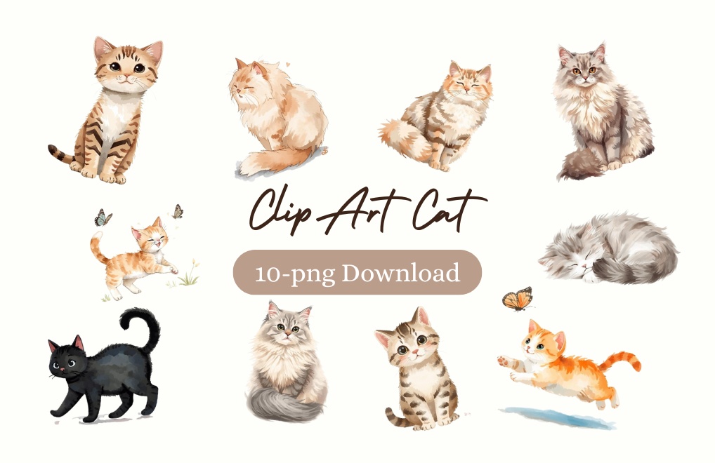 水彩風かわいい猫クリップアートセット(PNG/10種類)