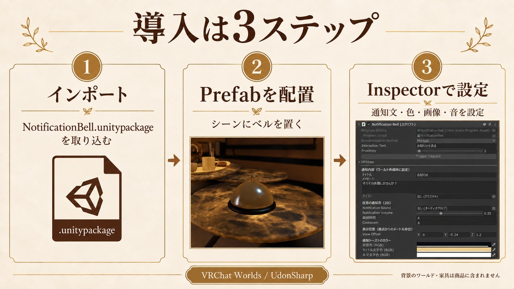 【VRChatワールド用】Notification Bell|全員へポップアップ通知・名前/時刻の差し込み対応