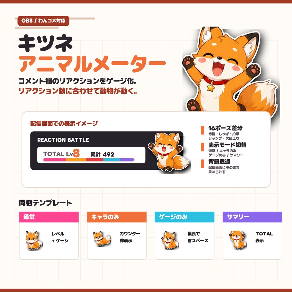 わんコメテンプレート｜リアクションキツネメーター｜OBSブラウザソース表示