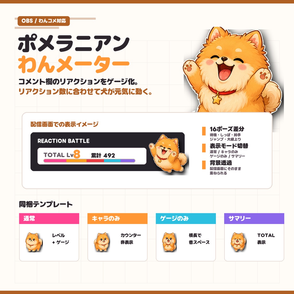 わんコメテンプレート｜リアクションわんメーター ポメラニアン版｜OBSブラウザソース表示