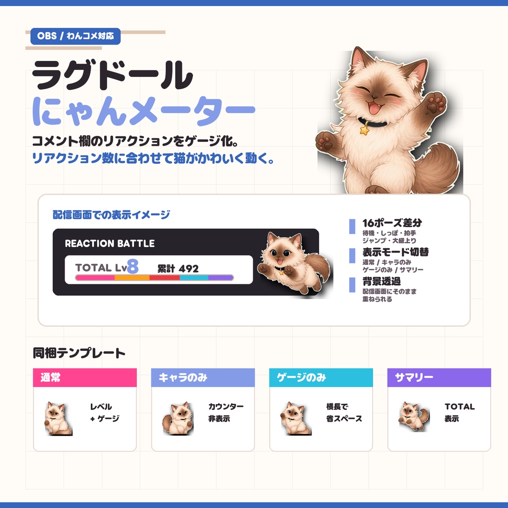 わんコメテンプレート|リアクションにゃんメーター ラグドール版|OBSブラウザソース表示