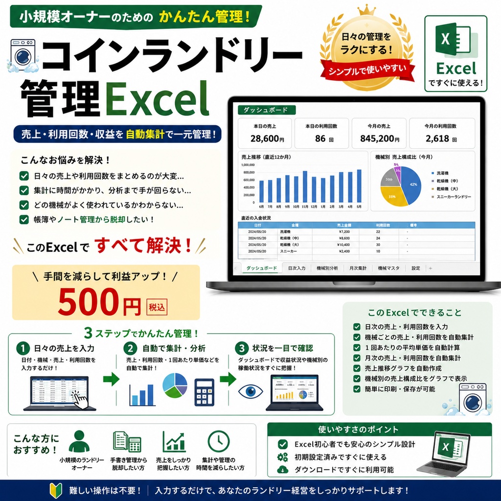 小規模コインランドリー向け｜売上・利用回数・機械別収益 管理Excel