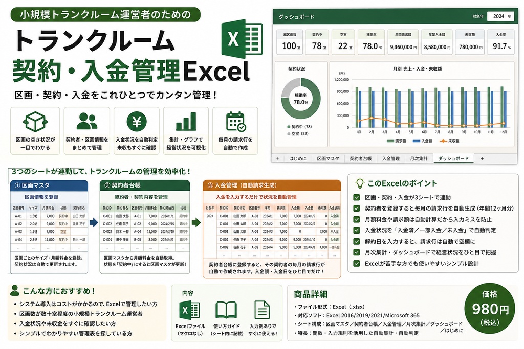小規模トランクルームオーナー向け｜契約・入金・区画管理Excel【自動請求・未入金管理】