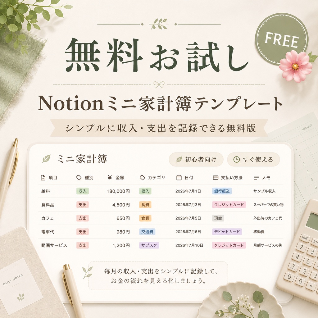無料お試し|Notionミニ家計簿テンプレート