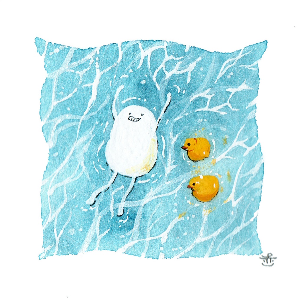 【ミニ原画】しろまめ、プールにうかぶ。