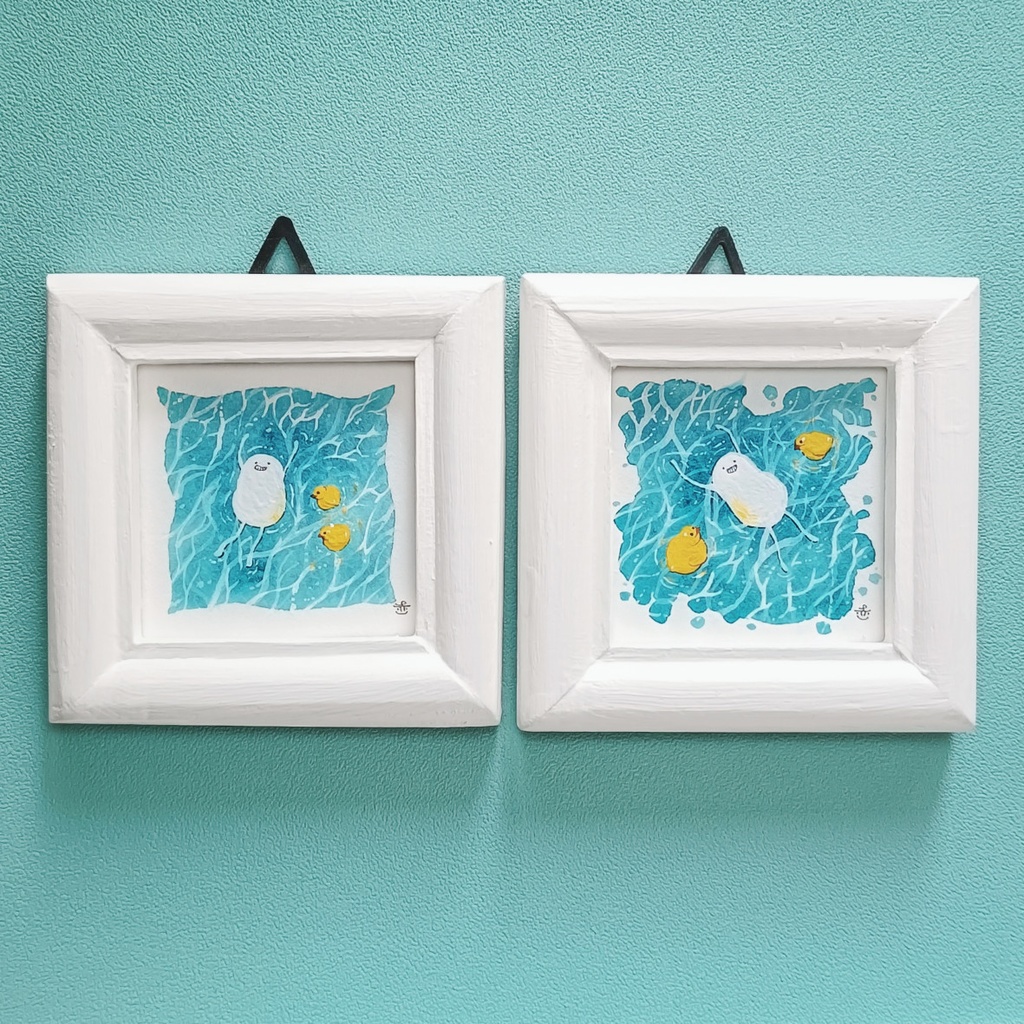 【ミニ原画】しろまめ、プールにうかぶ。