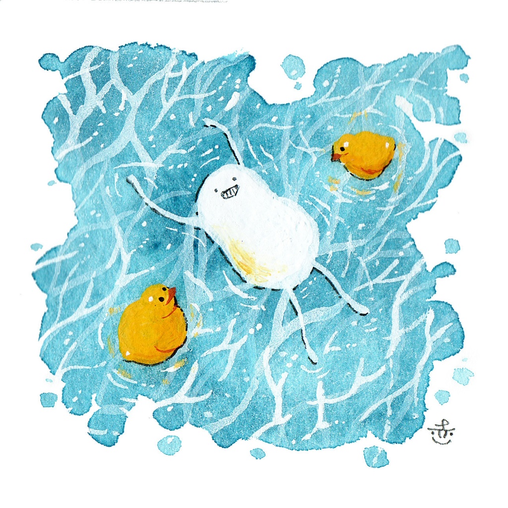 【ミニ原画】しろまめ、プールにうかぶ。