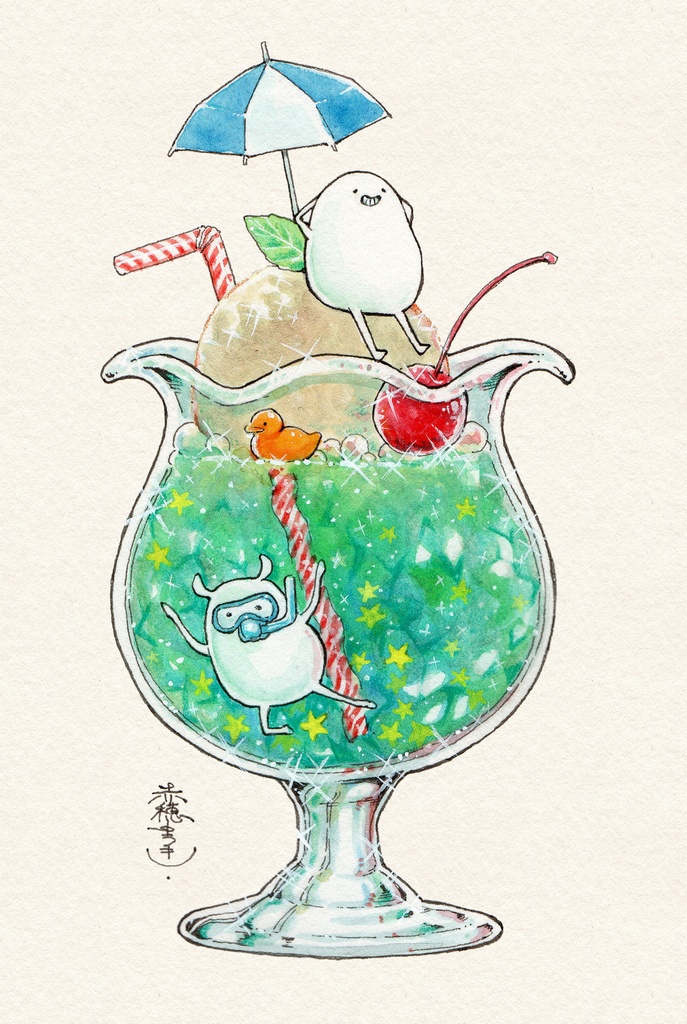 【ポストカード原画】しろまめとしろみみのクリームソーダ