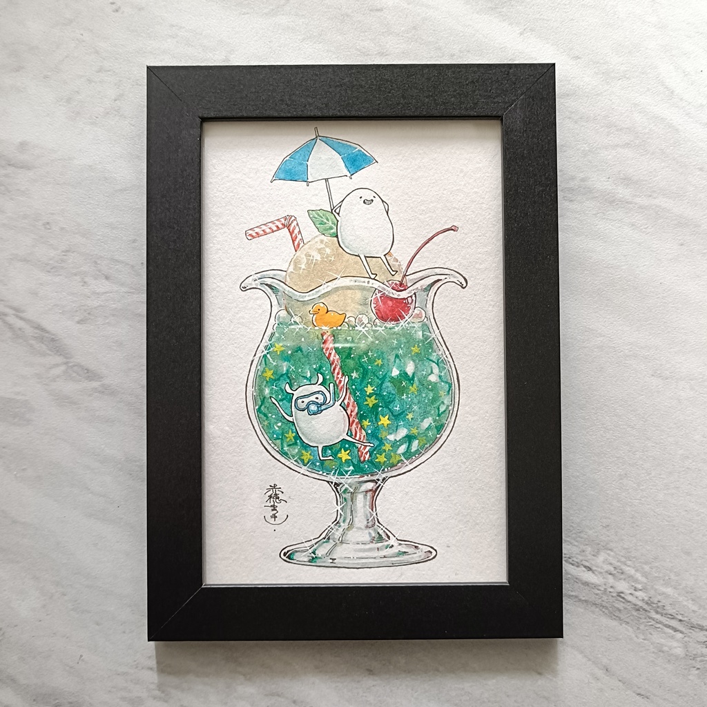 【ポストカード原画】しろまめとしろみみのクリームソーダ