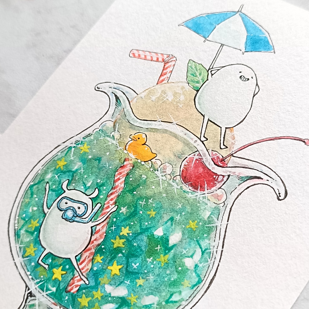 【ポストカード原画】しろまめとしろみみのクリームソーダ