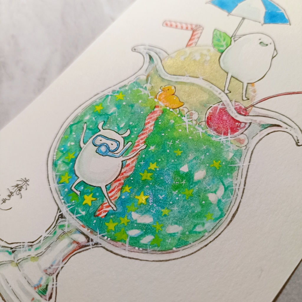 【ポストカード原画】しろまめとしろみみのクリームソーダ