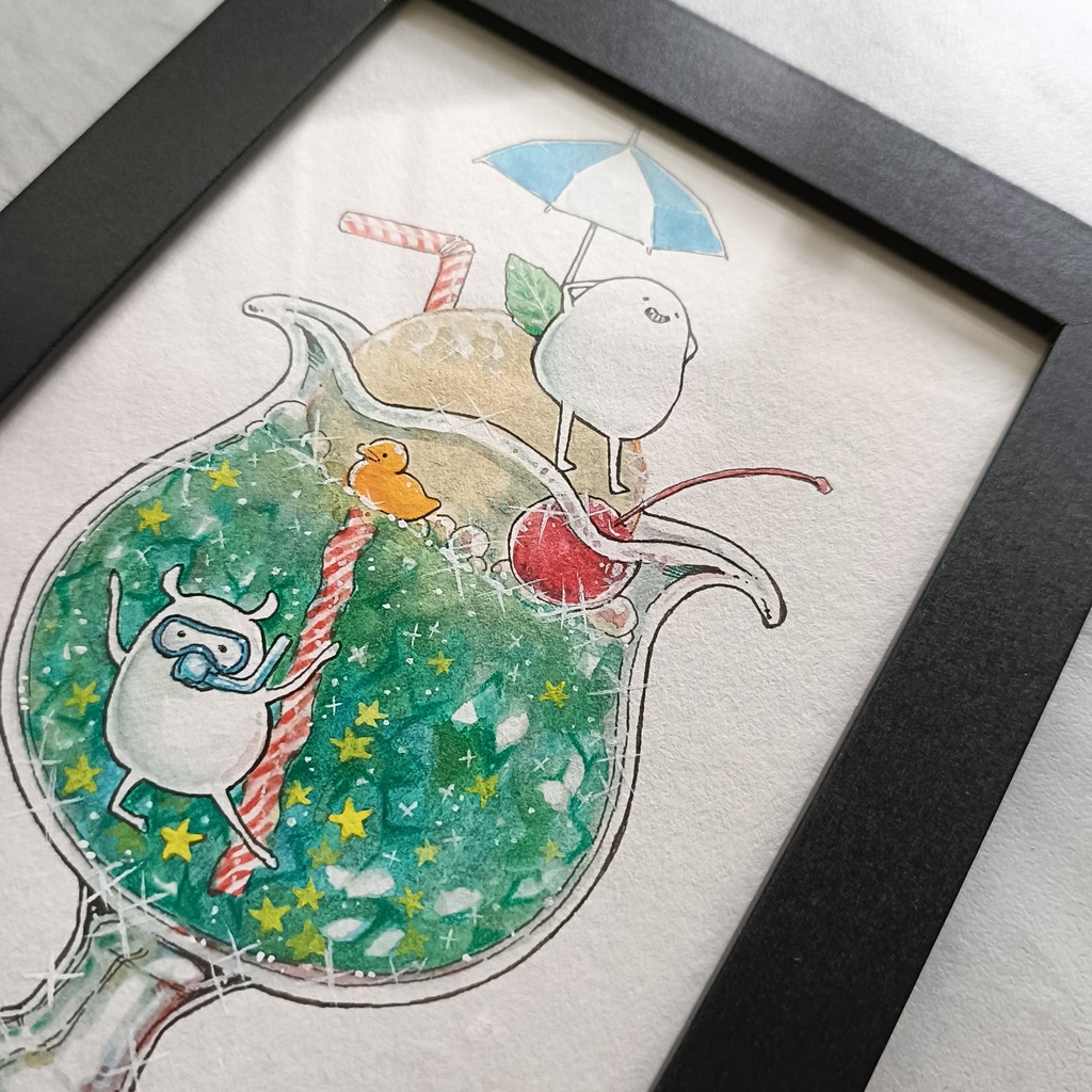 【ポストカード原画】しろまめとしろみみのクリームソーダ