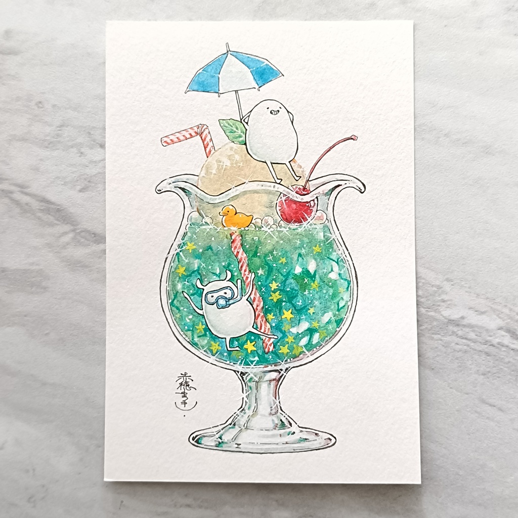 【ポストカード原画】しろまめとしろみみのクリームソーダ