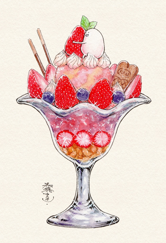 【ポストカード原画】しろまめのいちごパフェ