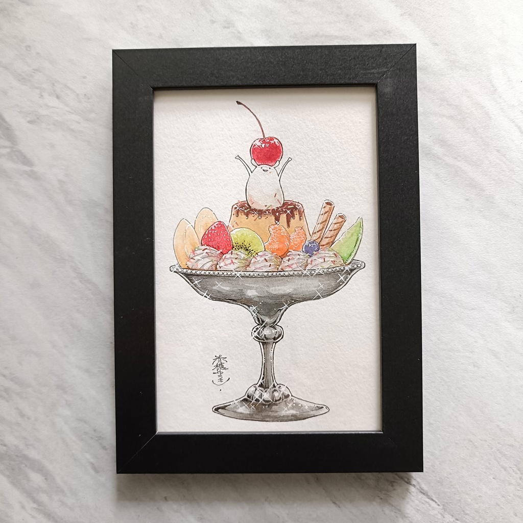 【ポストカード原画】しろみみのプリンアラモード