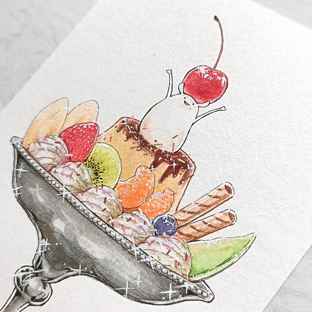 【ポストカード原画】しろみみのプリンアラモード