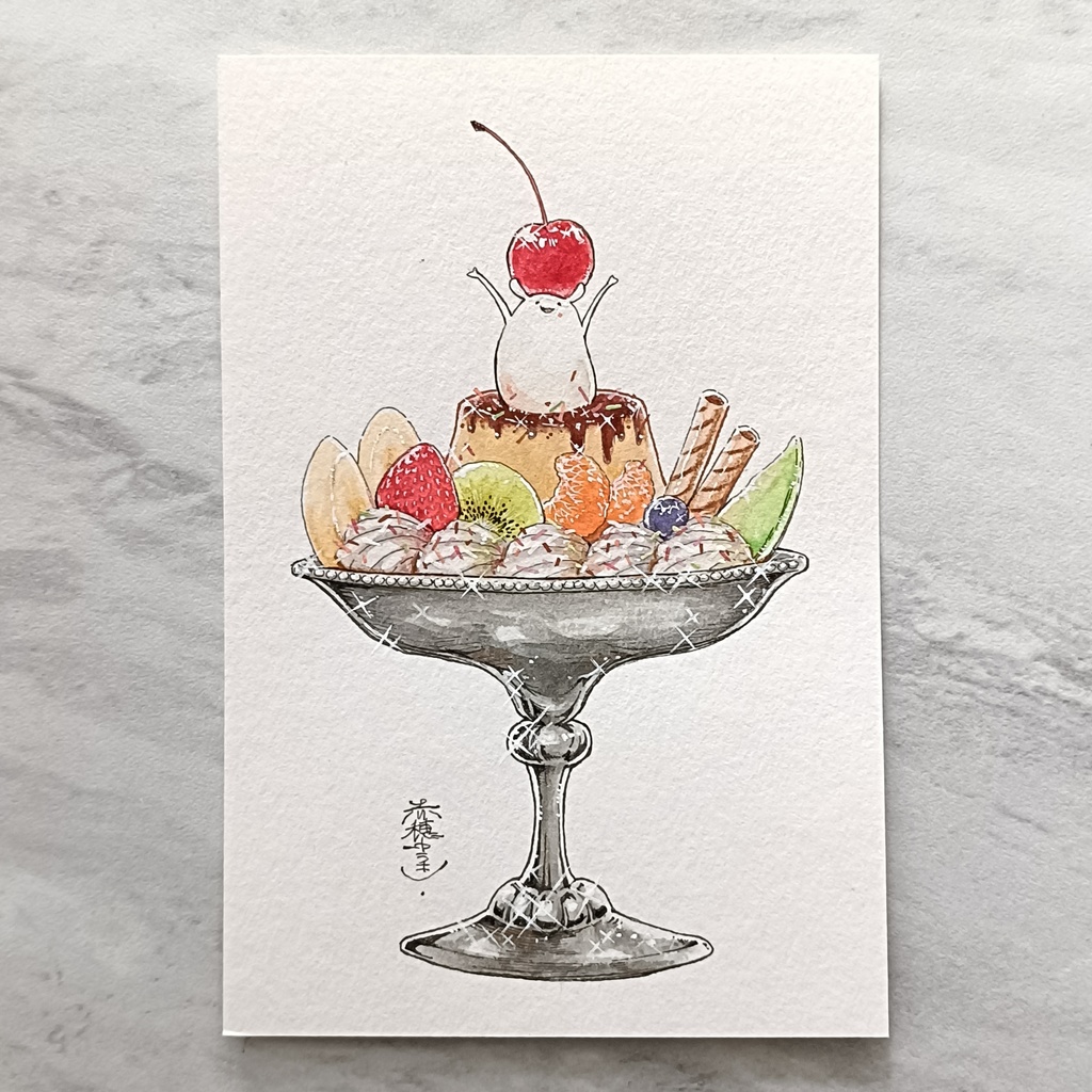 【ポストカード原画】しろみみのプリンアラモード