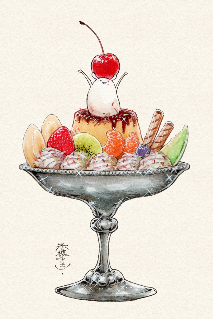 【ポストカード原画】しろみみのプリンアラモード