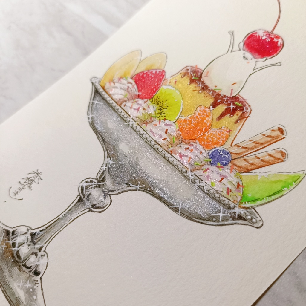 【ポストカード原画】しろみみのプリンアラモード