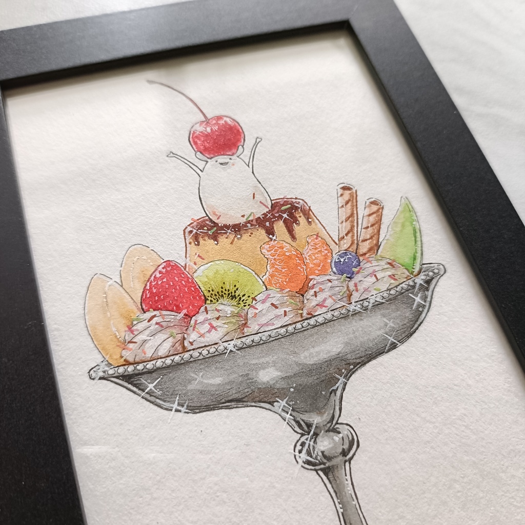 【ポストカード原画】しろみみのプリンアラモード