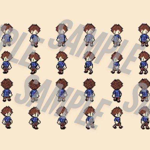 【ドット絵素材)】少年キャラ 4方向歩行&待機アニメ(6フレーム×4方向)ゲーム用スプライトシート【BAKIN】