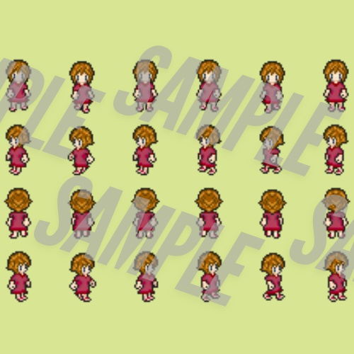 【ドット絵素材】少女10キャラ元データ付き 4方向歩行&待機アニメ(6フレーム×4方向)ゲーム用スプライトシート【特典データ付き】【BAKIN】