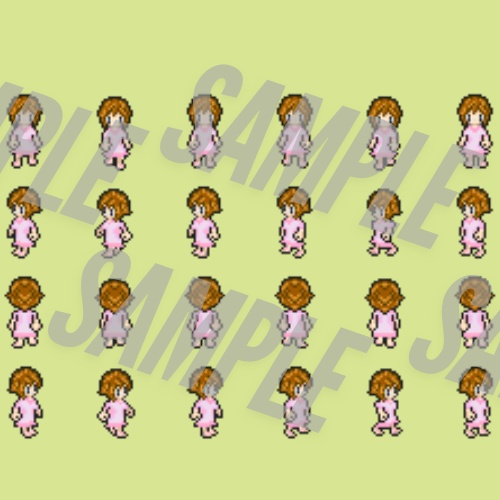 【ドット絵素材】少女10キャラ元データ付き 4方向歩行&待機アニメ(6フレーム×4方向)ゲーム用スプライトシート【特典データ付き】【BAKIN】