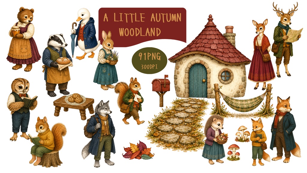【OPENING SALE 25%OFF】Autumn Woodland Animals Clipart PNG Bundle, 91 Transparent Forest Friends