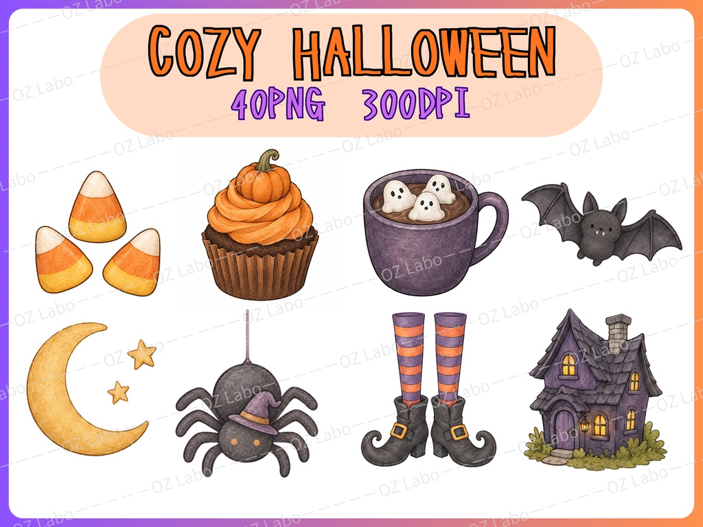 【OPENING SALE 25%OFF】Cozy Halloween Clipart Bundle, 40 PNG, Cute Black Cat & Ghost Clipart, Watercolor Halloween, Spooky Cute Digital Download